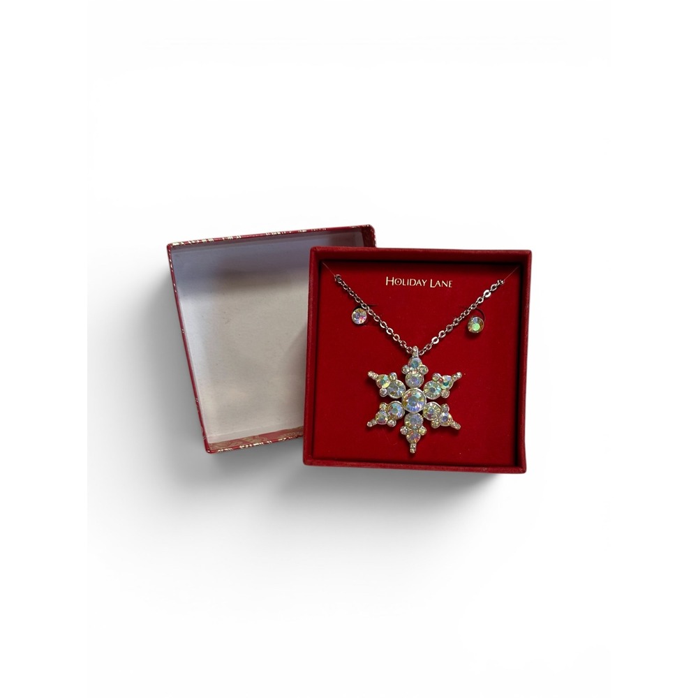 Holiday Lane Snowflake Necklace Earrings Set Womens‎ Silver Iridescent NEW Box